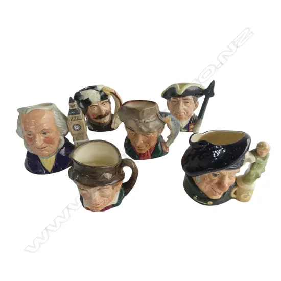 6 ROYAL DOULTON CHARACTER JUGS; JOHN DOULTON, THE POACHER, TAM O'SHANTER, THE TRAPPER GUARDSMAN etc H.115mm