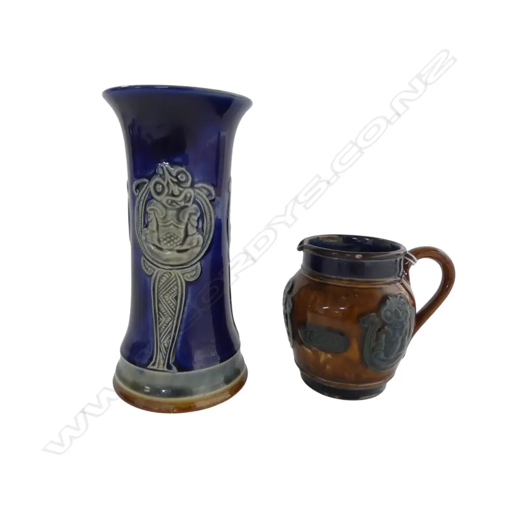 ROYAL DOULTON STONEWARE MAORI DECORATED VASE with chip H.163mm + SMALL MAORI JUG tiny glaze rub Image 1++