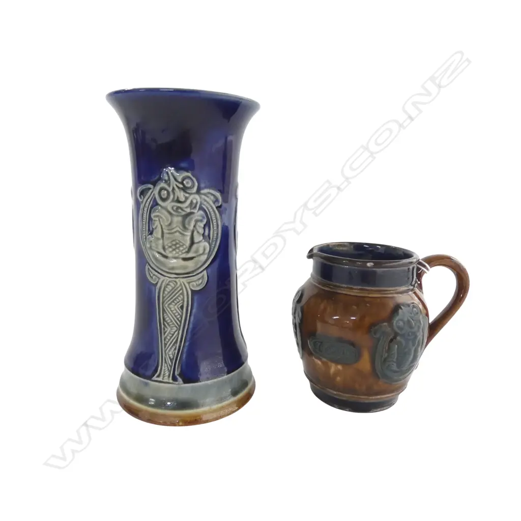 ROYAL DOULTON STONEWARE MAORI DECORATED VASE with chip H.163mm + SMALL MAORI JUG tiny glaze rub Image 1++