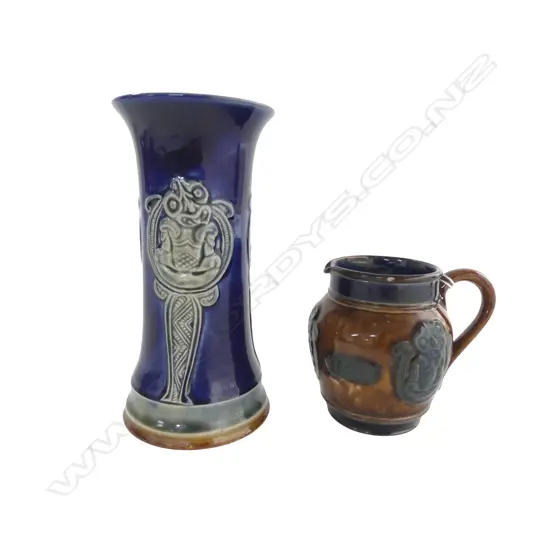 ROYAL DOULTON STONEWARE MAORI DECORATED VASE with chip H.163mm + SMALL MAORI JUG tiny glaze rub
