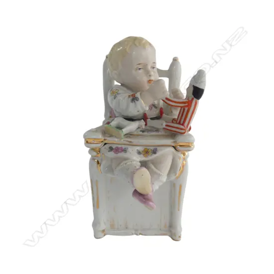 ANTIQUE CERAMIC CONTAINER; CHILD w. TOYS IN HIGH CHAIR H.200mm