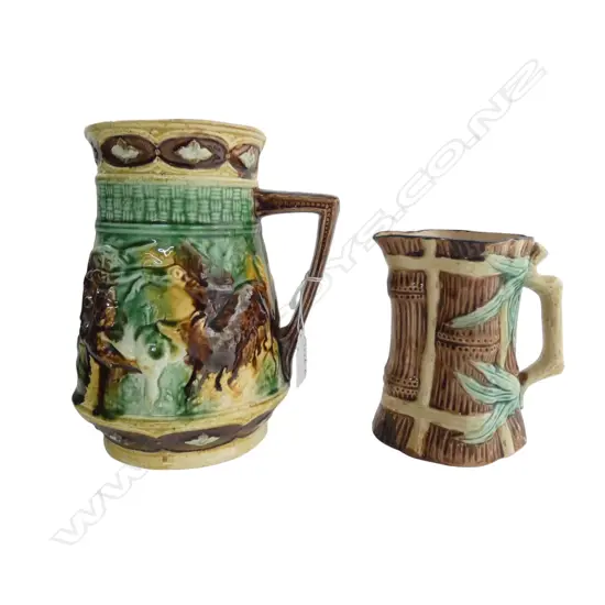 2 VINTAGE MAJOLICA JUGS one with repairs H.205mm