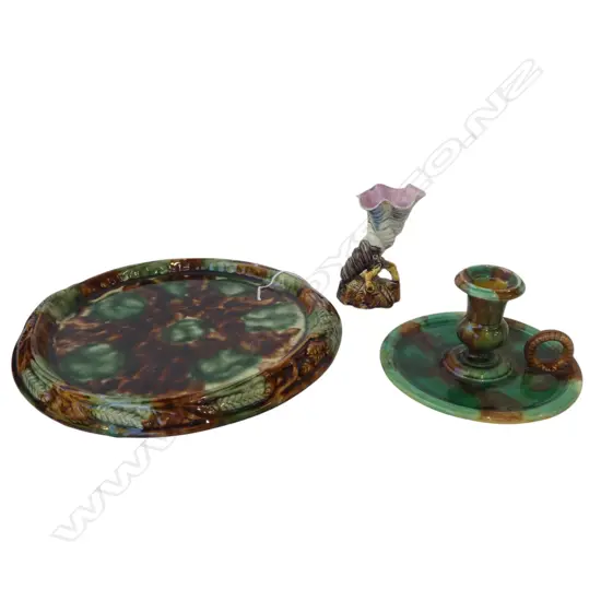 3 PCES OF VINTAGE MAJOLICA candlestick, bread plate & shell vase, faults H.110mm