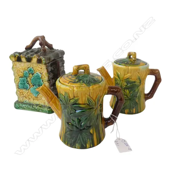 2 VINTAGE MAJOLICA BAMBOO JUGS (FAULTS) + LIDDED CONTAINER H.180mm