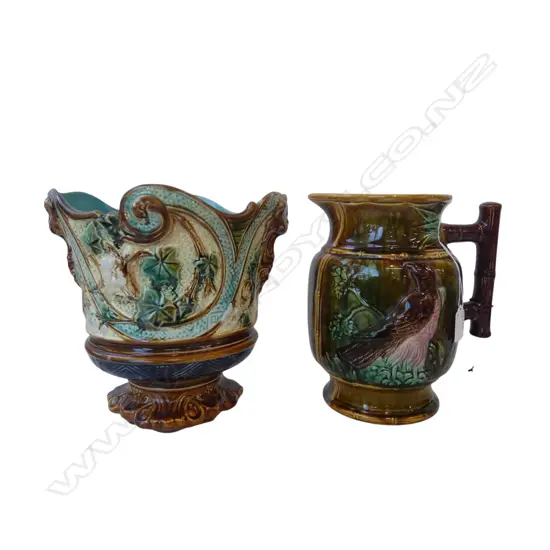 VINTAGE MAJOLICA JUG + JARDINIERE old repairs H.240mm