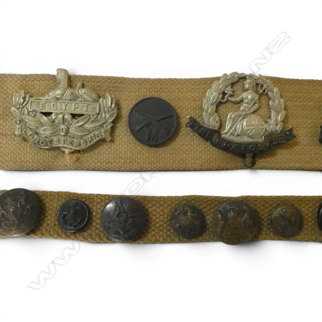 2 MILITARY SERVICE BELTS ADORNED WITH VARIOUS MILITARY PINS & BADGES L.1140/830mmmm Image 1++