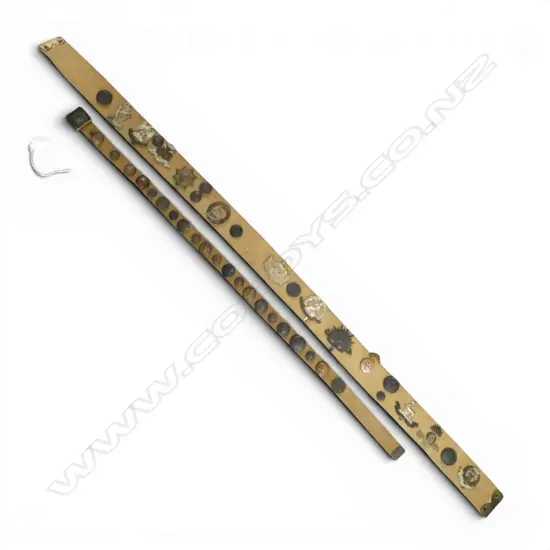 2 MILITARY SERVICE BELTS ADORNED WITH VARIOUS MILITARY PINS & BADGES L.1140/830mmmm