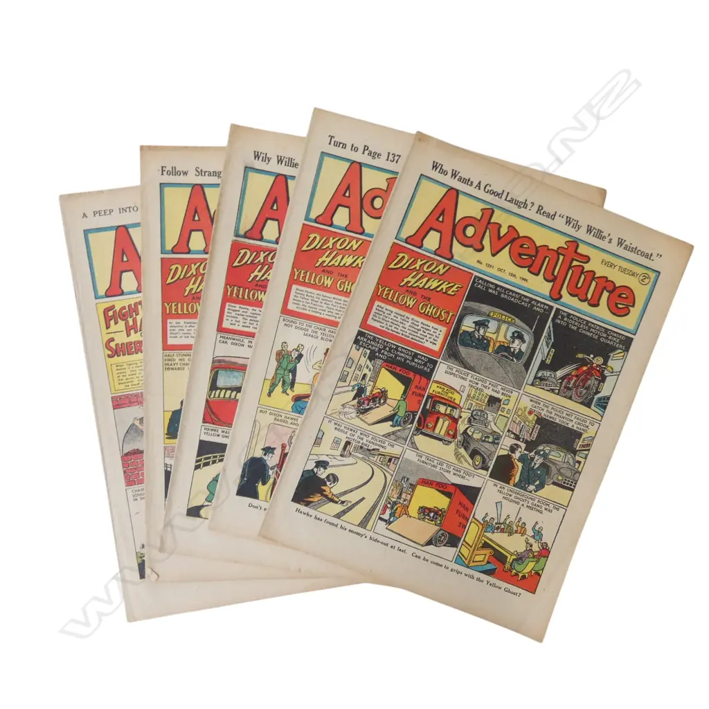  FIVE VINTAGE 1949 ADVENTURE COMICS ‘DIXON HAWKE AND THE YELLOW GHOST’, L.300MM Image 1++