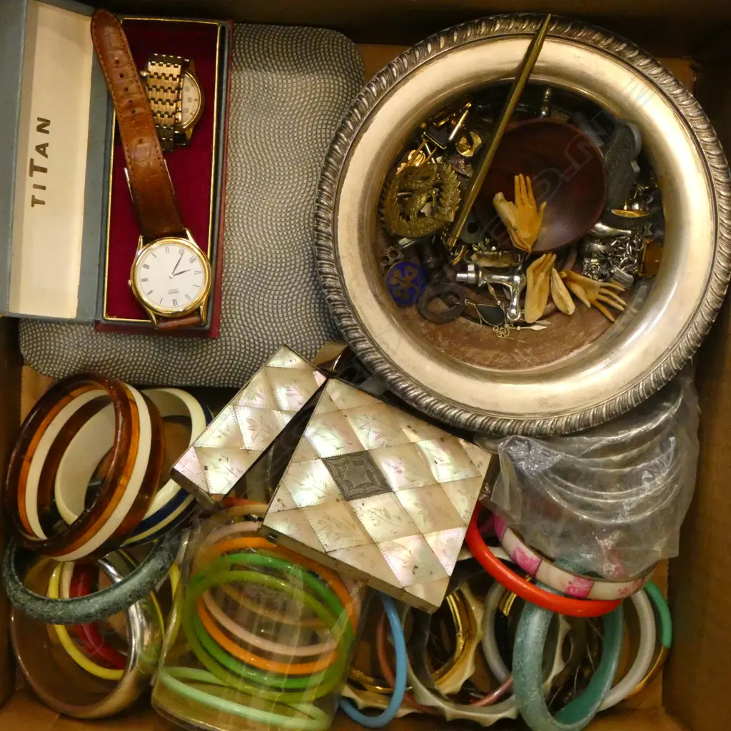BOX OF COLLECTABLE SMALLS: Old Sheffield Plate coaster + keys + cufflinks + bangles + watches etc Image 1++