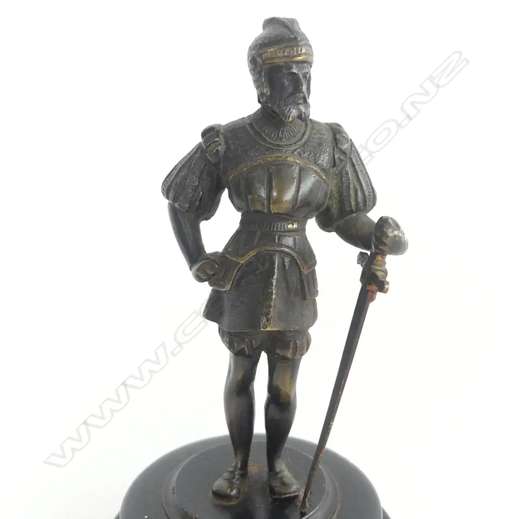 CAST MEDIEVAL SOLDIER FIGURINE on WOODEN STAND, H.150mm Image 1++