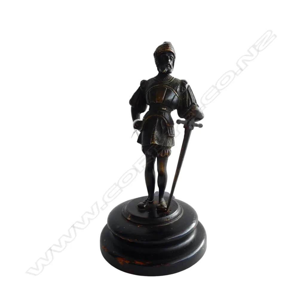 CAST MEDIEVAL SOLDIER FIGURINE on WOODEN STAND, H.150mm Image 1++