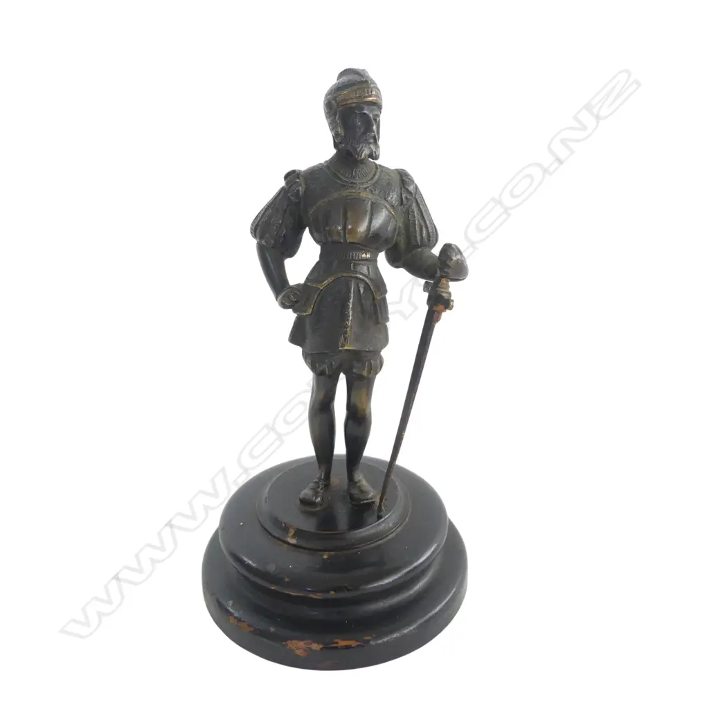 CAST MEDIEVAL SOLDIER FIGURINE on WOODEN STAND, H.150mm Image 1++
