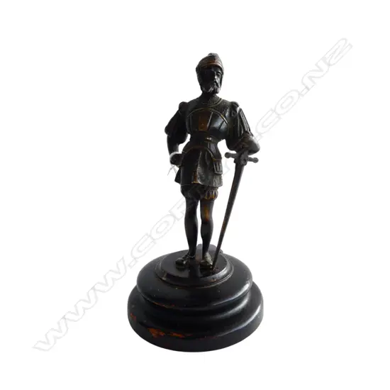 CAST MEDIEVAL SOLDIER FIGURINE on WOODEN STAND, H.150mm