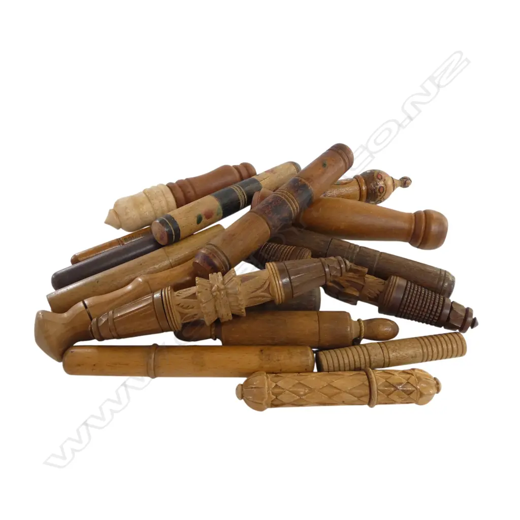BASKET OF WOODEN NEEDLE CASES Image 1++