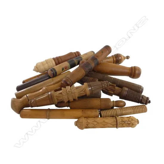 BASKET OF WOODEN NEEDLE CASES