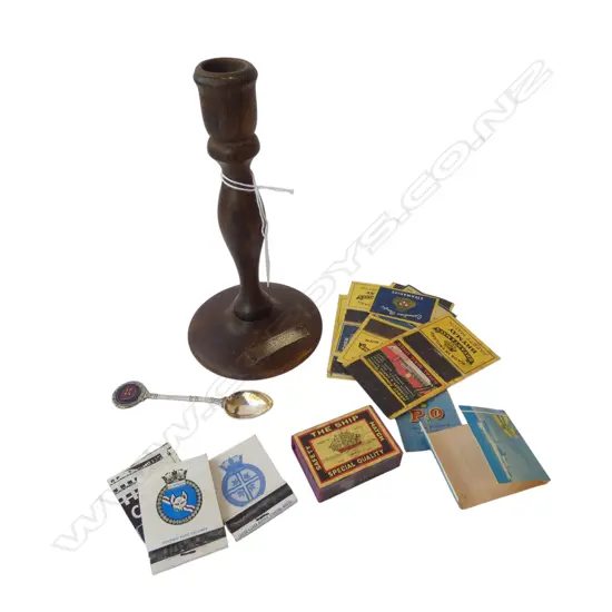 FROM TEAK OF H.M.S. GANGES CANDLESTICK W. PLAQUE, HMS MONOWAI SPOON, ETC 