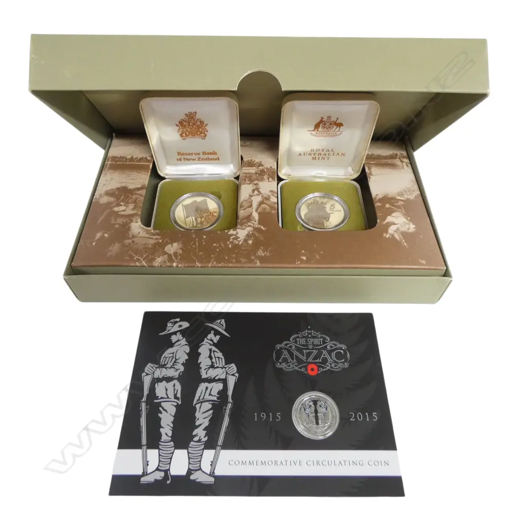 BOXED 1990 N.Z. & AUS. ANZAC 75th ANNIVERSARY COMMEMORATIVE $5 COIN SET + ANZAC 2015 50c COM. COIN Image 1++
