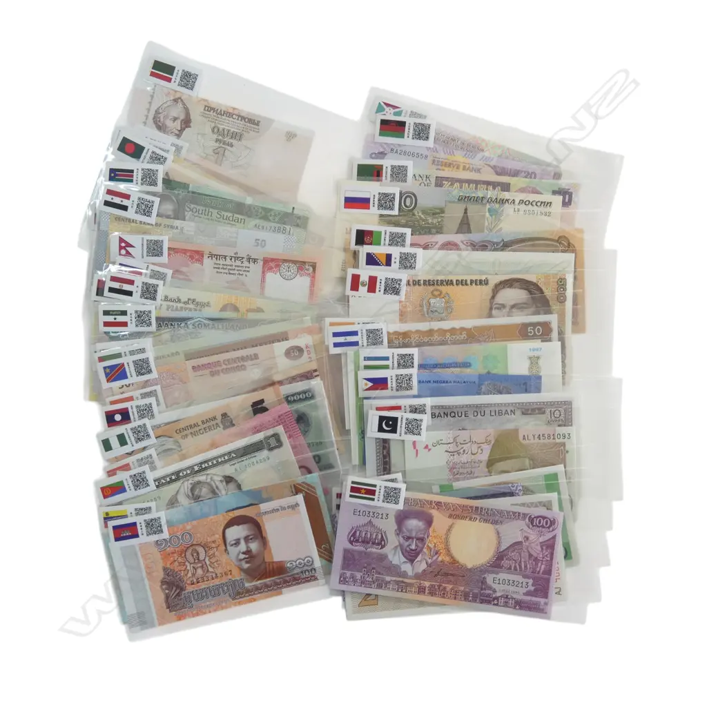 COLLECTON OF WORLD BANK NOTES each sleeved with corresponding country stickers Image 1++