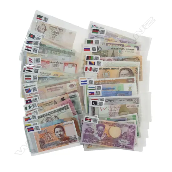 COLLECTON OF WORLD BANK NOTES each sleeved with corresponding country stickers