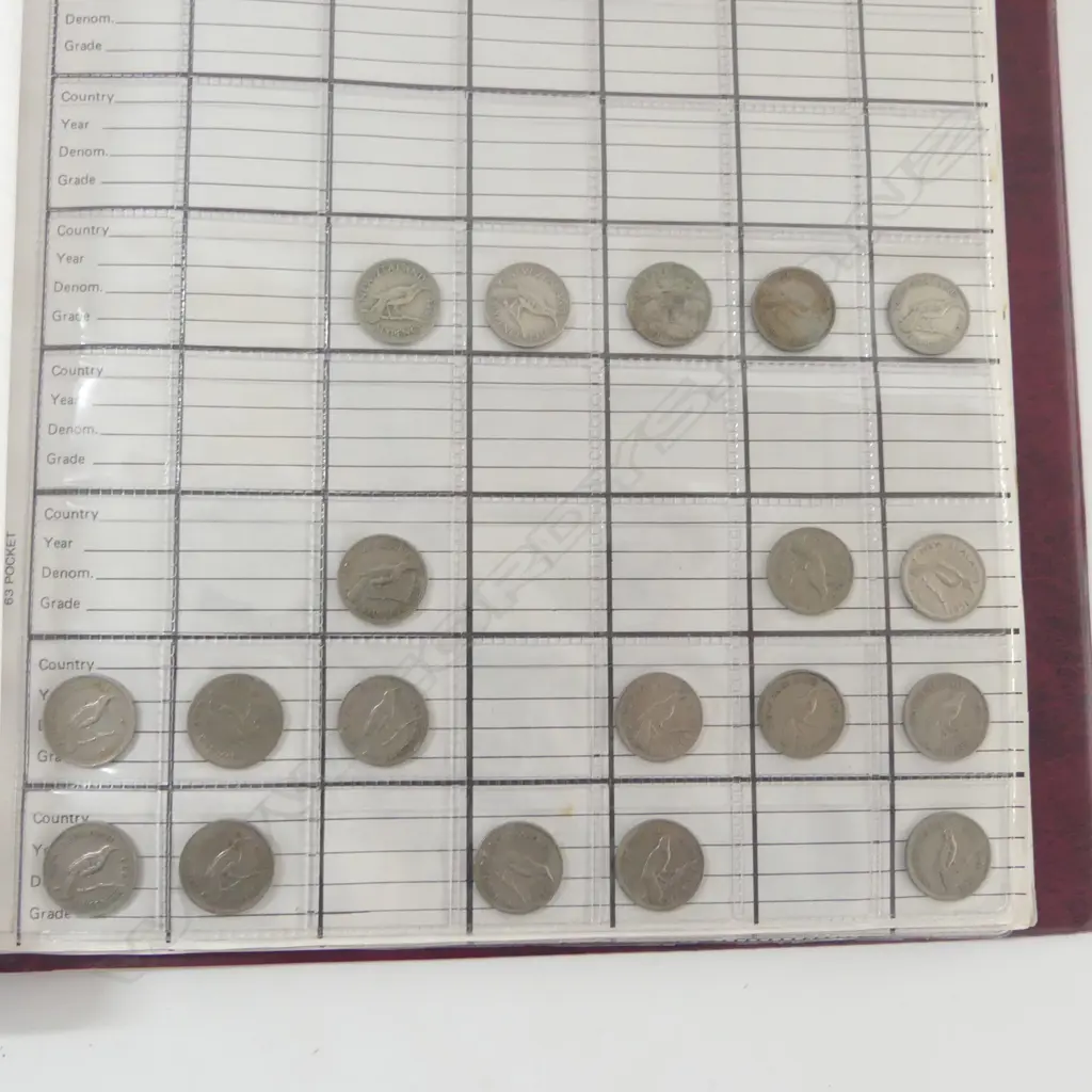 COIN ALBUM with collection MAINLY NZ pre-decimal 1930's 40's 50's 3d + 6d + 1/2 & full pennies Image 1++