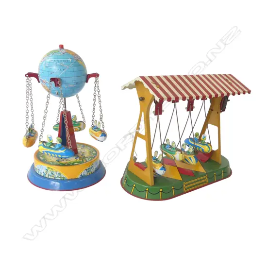 2 GERMAN REPRODUCTION WIND UP TIN TOYS - SWING RIDES H.200mm