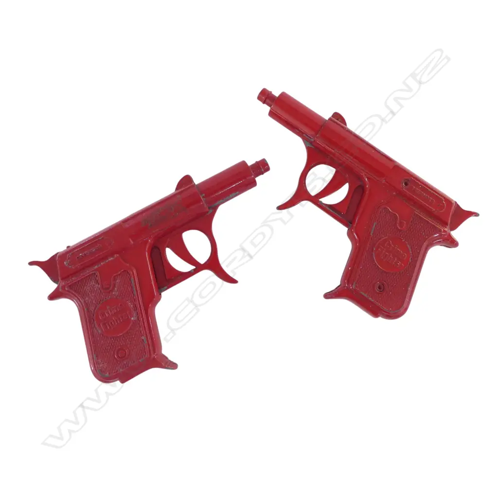 2 RED METAL DIE CAST CRIME FIGHTER 'DEFENDER' TOY PISTOLS L.120mm Image 1++
