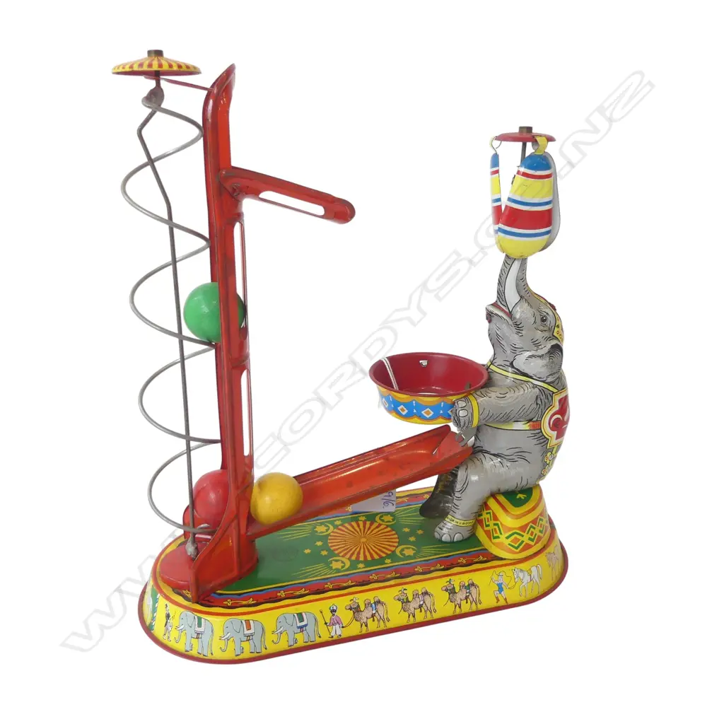 GERMAN REPRODUCTION WIND UP TIN TOY - ELEPHANT CATCHING BALLS H.245mm no winder Image 1++