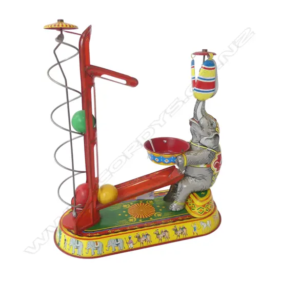 GERMAN REPRODUCTION WIND UP TIN TOY - ELEPHANT CATCHING BALLS H.245mm no winder