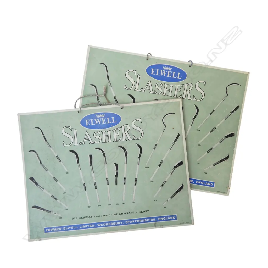 TWO VINTAGE BRITISH AGRICULTURAL CARD DISPLAY BOARDS ‘ELWELL SLASHERS’, L.380MM Image 1++