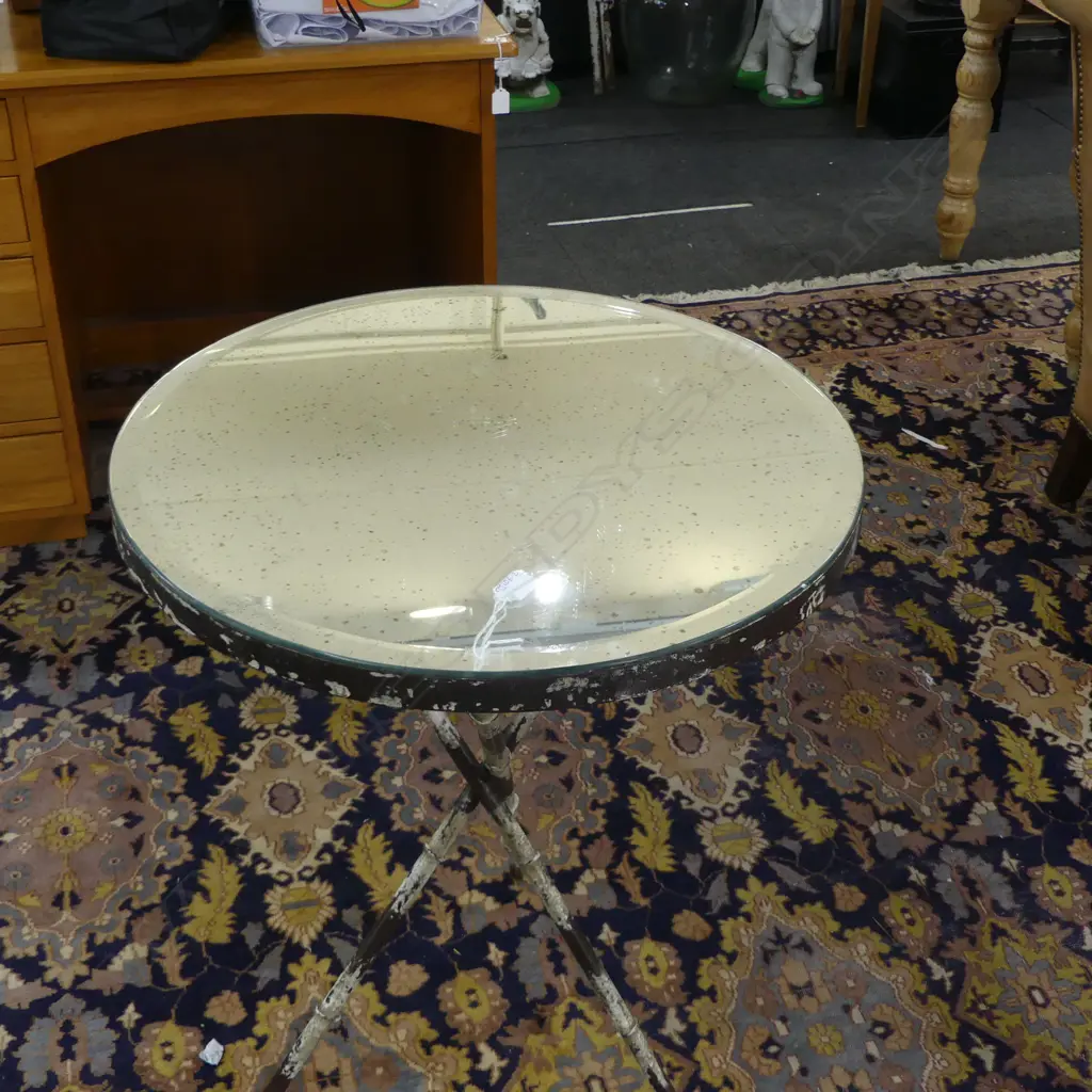 GLASS TOP METAL TABLE top distressed Dia.600 H.770mm Image 1++