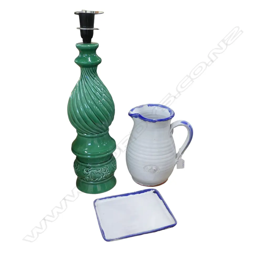 GREEN GLAZED CERAMIC TABLE LAMP H.500mm BASE ONLY + MORRIS & JAMES JUG & TRAY Image 1++