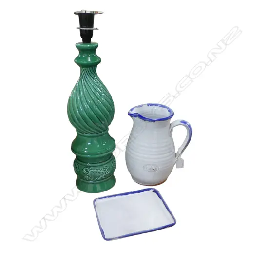 GREEN GLAZED CERAMIC TABLE LAMP H.500mm BASE ONLY + MORRIS & JAMES JUG & TRAY