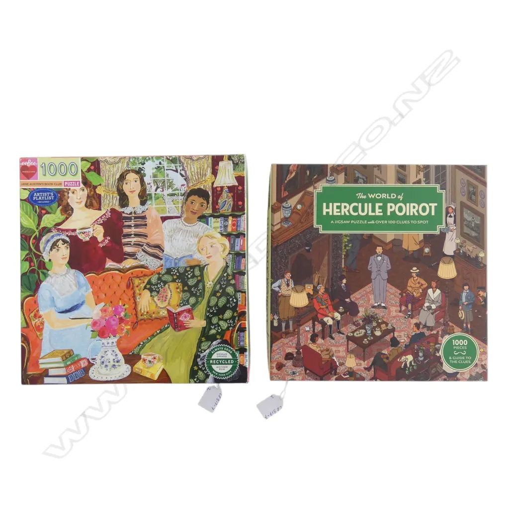 TWO 1000 PCE PUZZLES, WORLD OF HERCULE POIROT & JANE AUSTEN BOOKCLUB - 1 pce missing from Poirot puzzle Image 1++