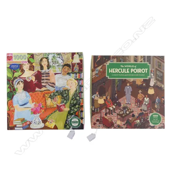 TWO 1000 PCE PUZZLES, WORLD OF HERCULE POIROT & JANE AUSTEN BOOKCLUB - 1 pce missing from Poirot puzzle