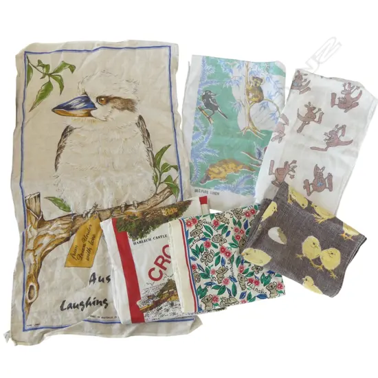 6 VINTAGE TEA TOWELS MOSTLY AUSTRALIAN THEME