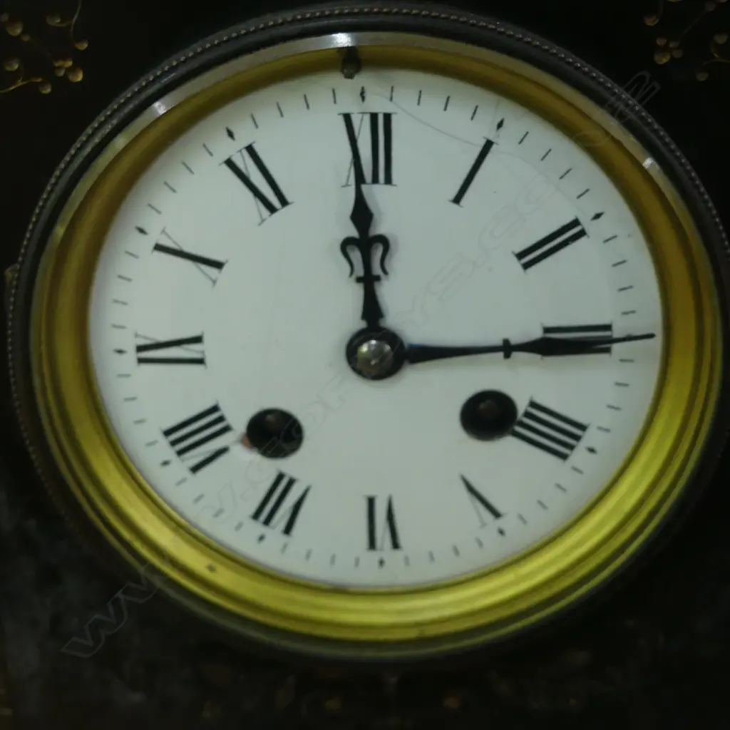 BLACK SLATE & MARBLE MANTEL CLOCK old repairs H.280mm Image 1++