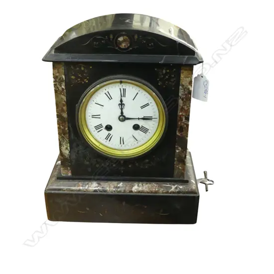 BLACK SLATE & MARBLE MANTEL CLOCK old repairs H.280mm
