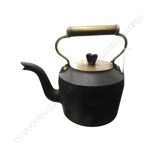 OLD CAST IRON 'AGA' KETTLE with brass lid & overhead handle. H.270mm
