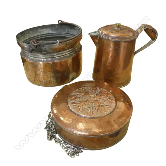 3 PCES COPPER; FLASK, POT & JUG H.210mm