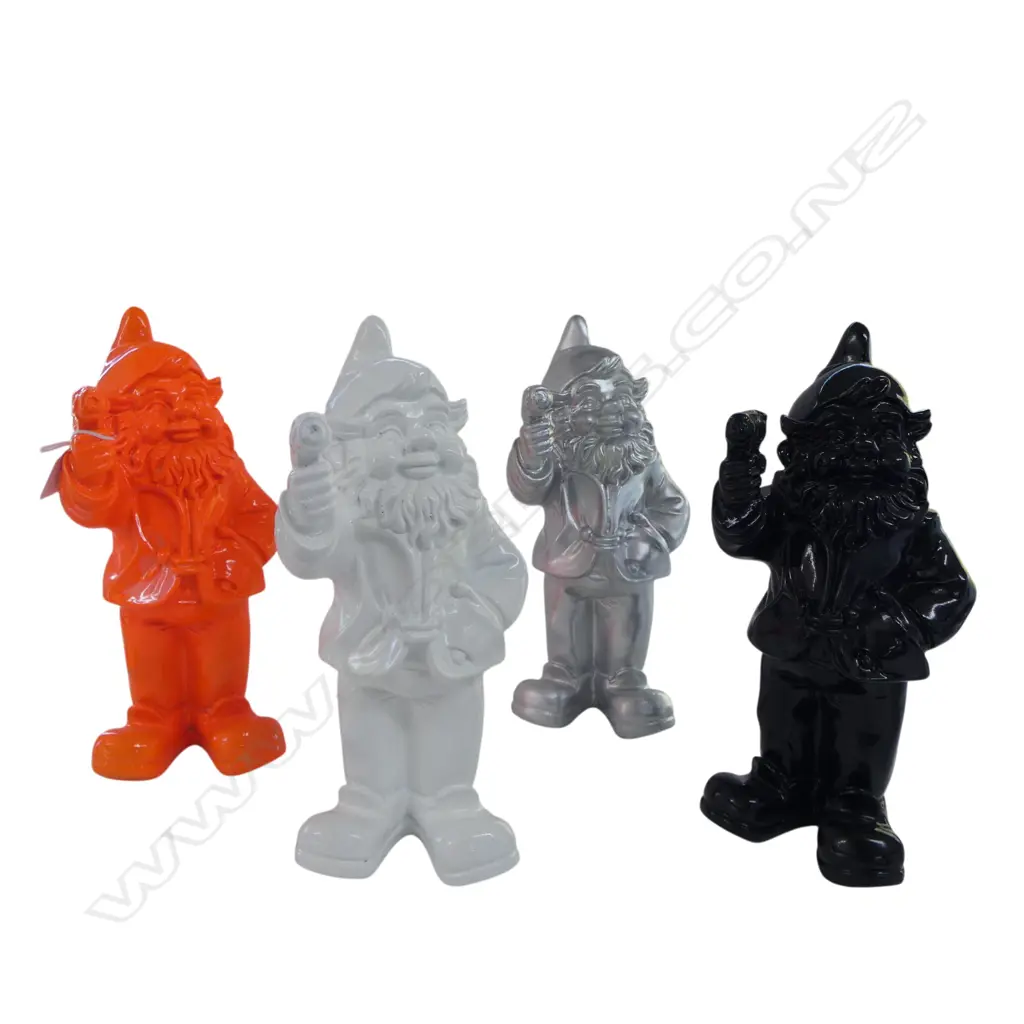 4 RESIN GNOMES HOLDING GUNS; BLACK, WHITE, ORANGE & SILVER H.300mm Image 1++