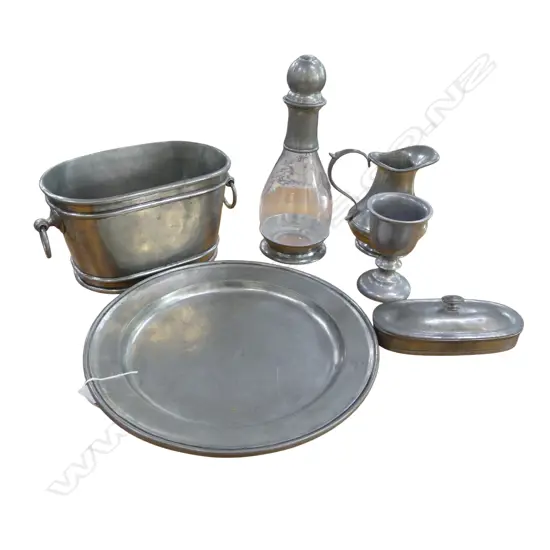 2 PEWTER PLATES w. 4 OTHER PEWTER PCES Incl. SILVER METAL CUP