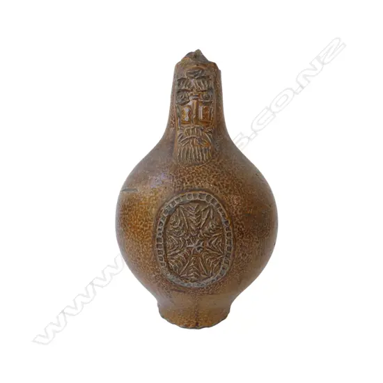 17th/18thC pottery Bellarmine. Heavy salt glazed with bearded man mask. THE TOP & handle BROKEN & ABSENT. H.210mm