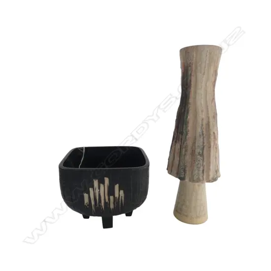 MID CENTURY JAPANESE BRUTALIST VASE, H.335mm & IKEBANA BOWL, H.130 x 150 x150mm