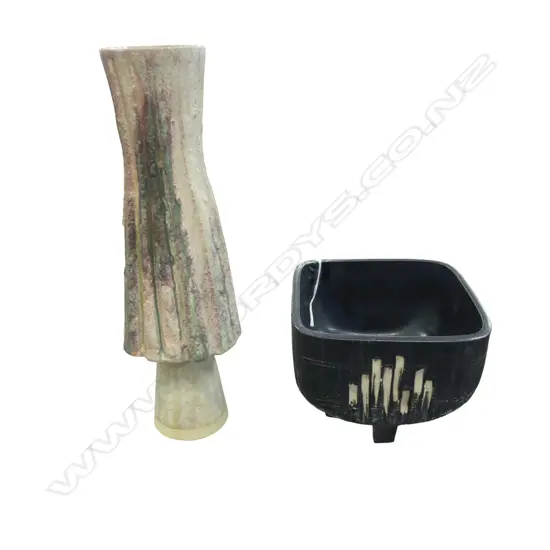 MID CENTURY JAPANESE BRUTALIST VASE, H.335mm & IKEBANA BOWL, H.130 x 150 x150mm