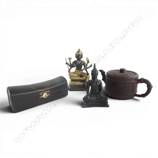 YIXING TEAPOT, BUDDHA, LORD BRAHAMA & CHINESE BLACK BOX L.165mm