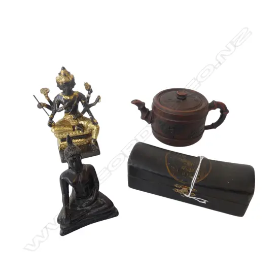 YIXING TEAPOT, BUDDHA, LORD BRAHAMA & CHINESE BLACK BOX L.165mm