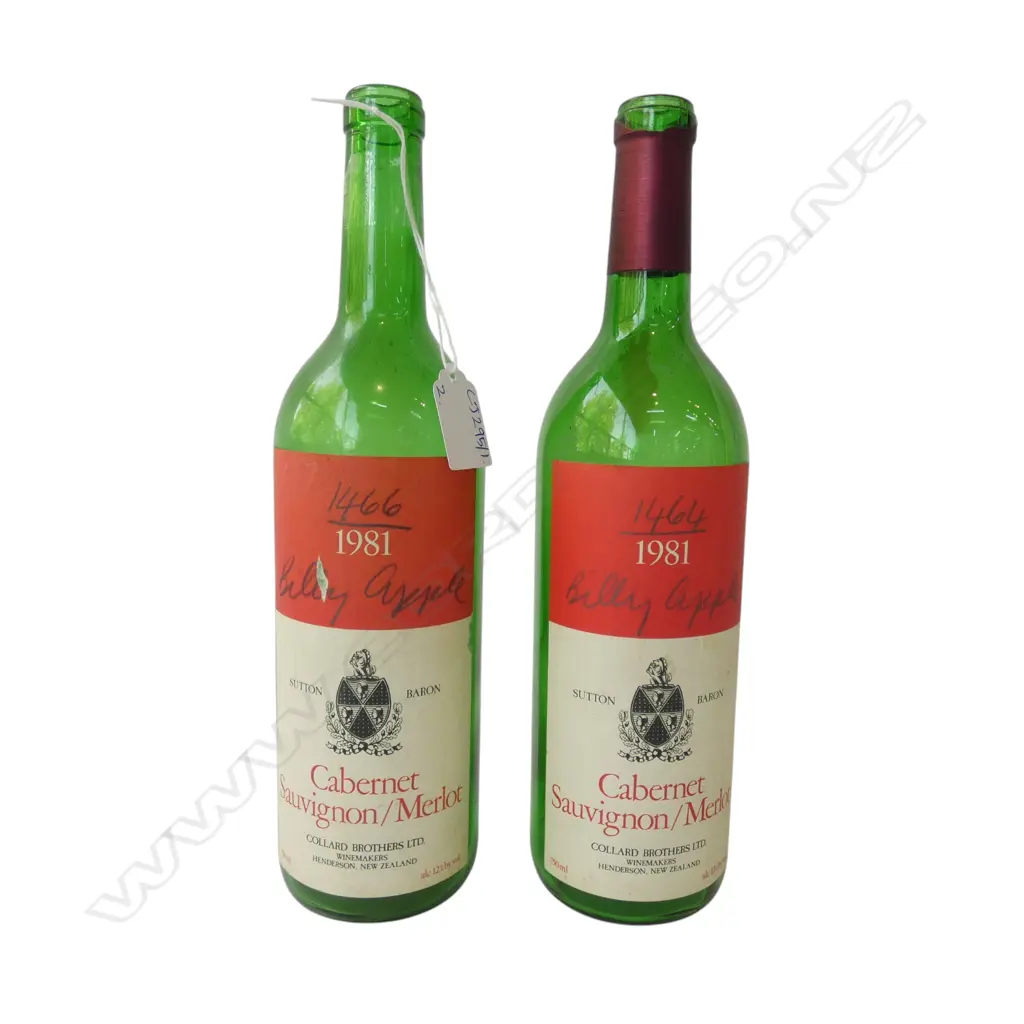 2 BILLY APPLE SIGNED WINE BOTTLES; SUTTON BARON 1981 CAB SAV H.290mm Image 1++