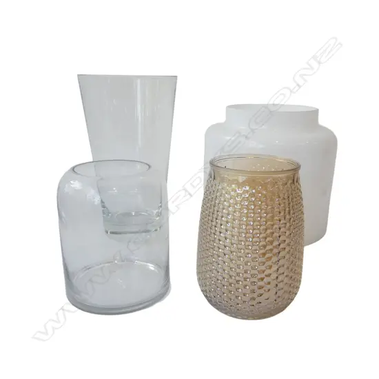 4 GLASS VASES one white, one chipped H.500mmm