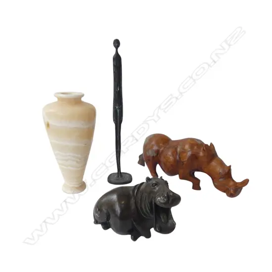 2 RHINO ORNAMENTS, ALABASTER VASE & METAL FIGURE H.360mm