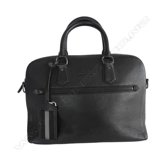 POLO RALPH LAUREN BLACK LEATHER BRIEFCASE BAG W.410mm side zip missing tug